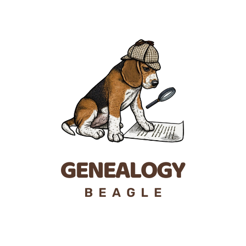 Beagle wearing a Sherlock Homles-style deerstalker hat and examining a document through a magnifying glass.  GENEALOGY BEAGLE